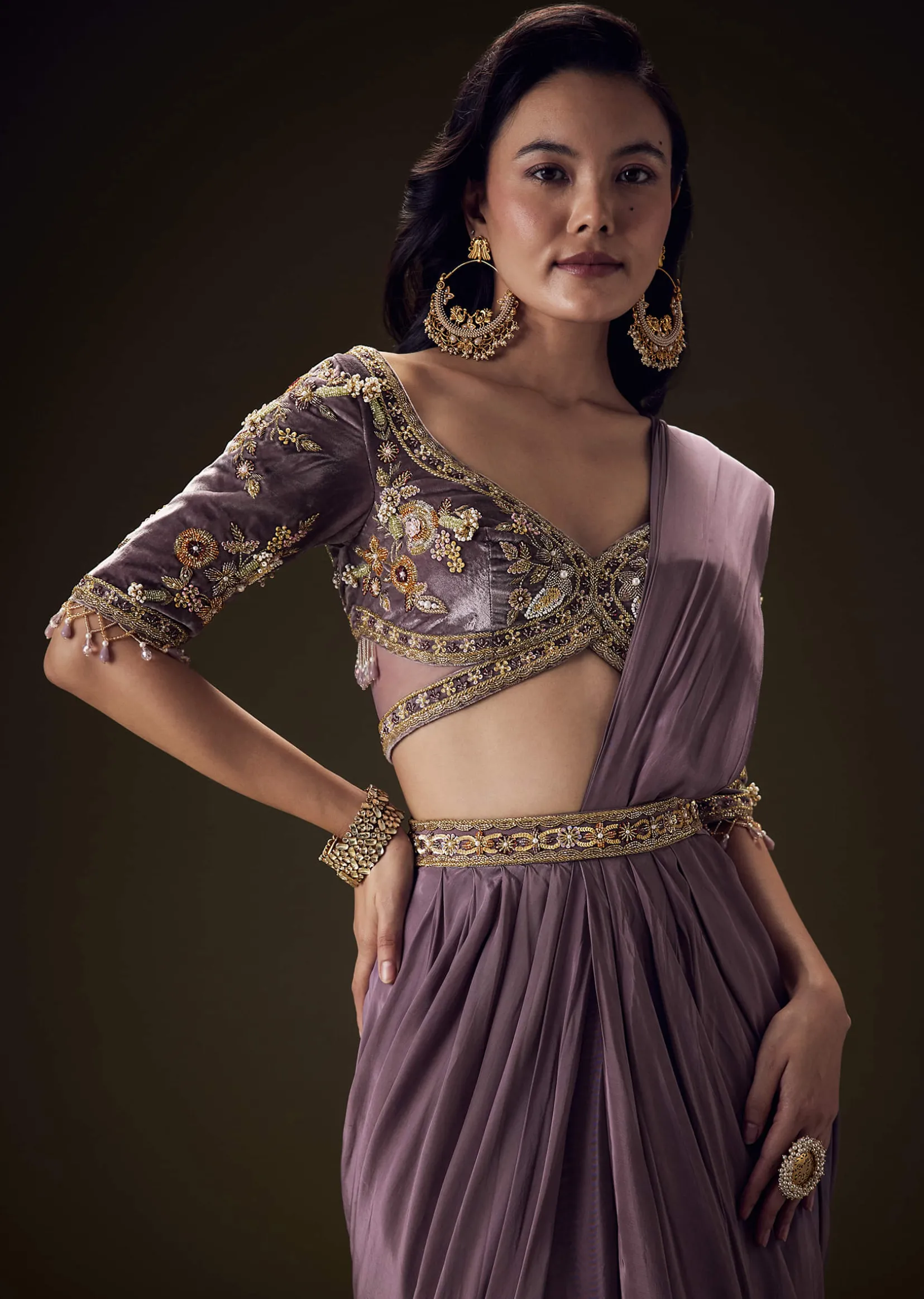 Dahlia Purple Ready To Wear Saree With Hand Embroided Belt Hand Velvet Blouse