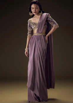 Dahlia Purple Ready To Wear Saree With Hand Embroided Belt Hand Velvet Blouse