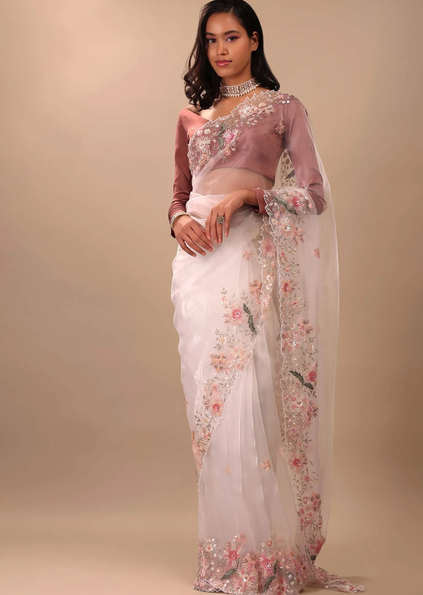 Daisy Dancer White Saree In Organza With 3D Floral Embroidery