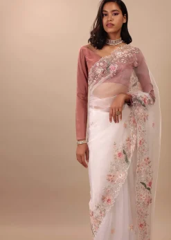 Daisy Dancer White Saree In Organza With 3D Floral Embroidery
