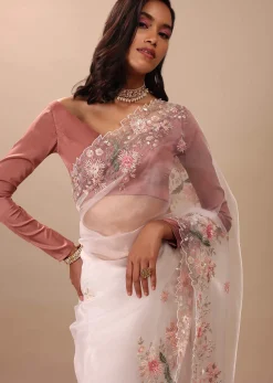 Daisy Dancer White Saree In Organza With 3D Floral Embroidery