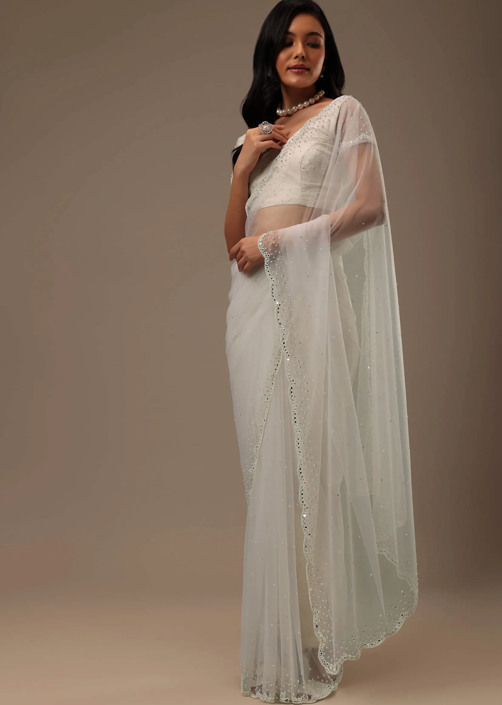 Daisy White Net Fabricated Saree With Mirror Work
