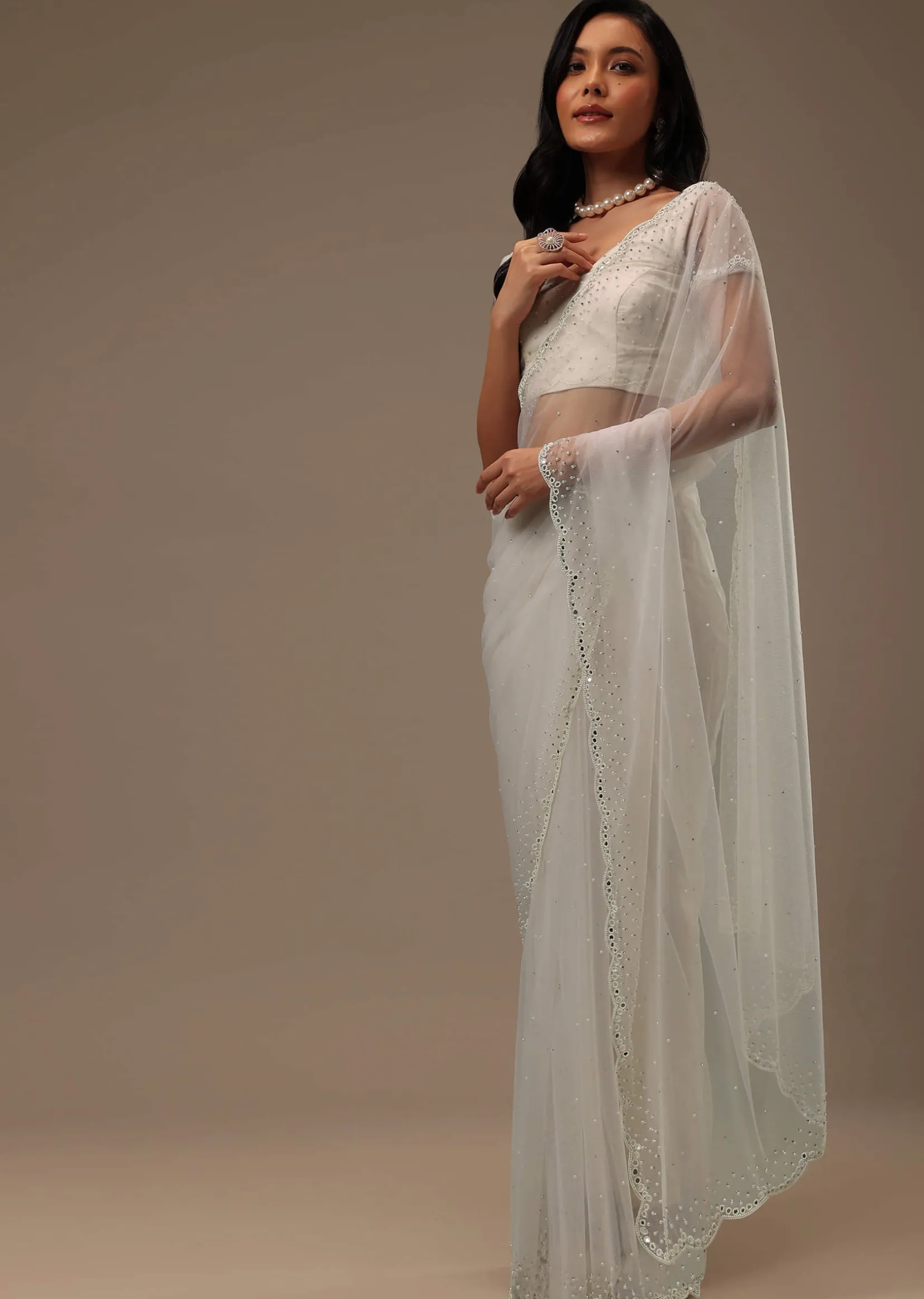 Daisy White Net Fabricated Saree With Mirror Work