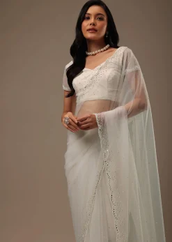 Daisy White Net Fabricated Saree With Mirror Work