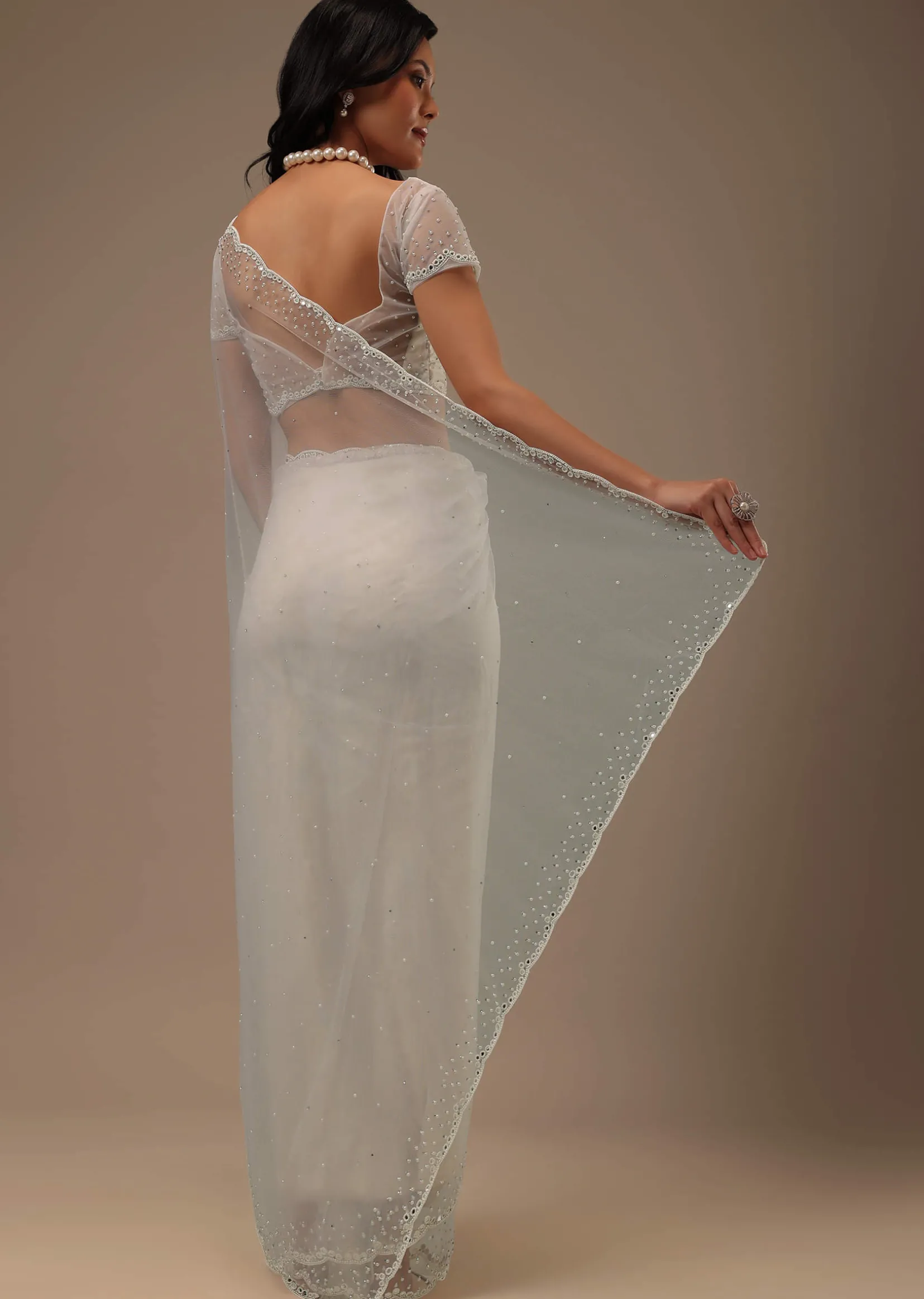 Daisy White Net Fabricated Saree With Mirror Work