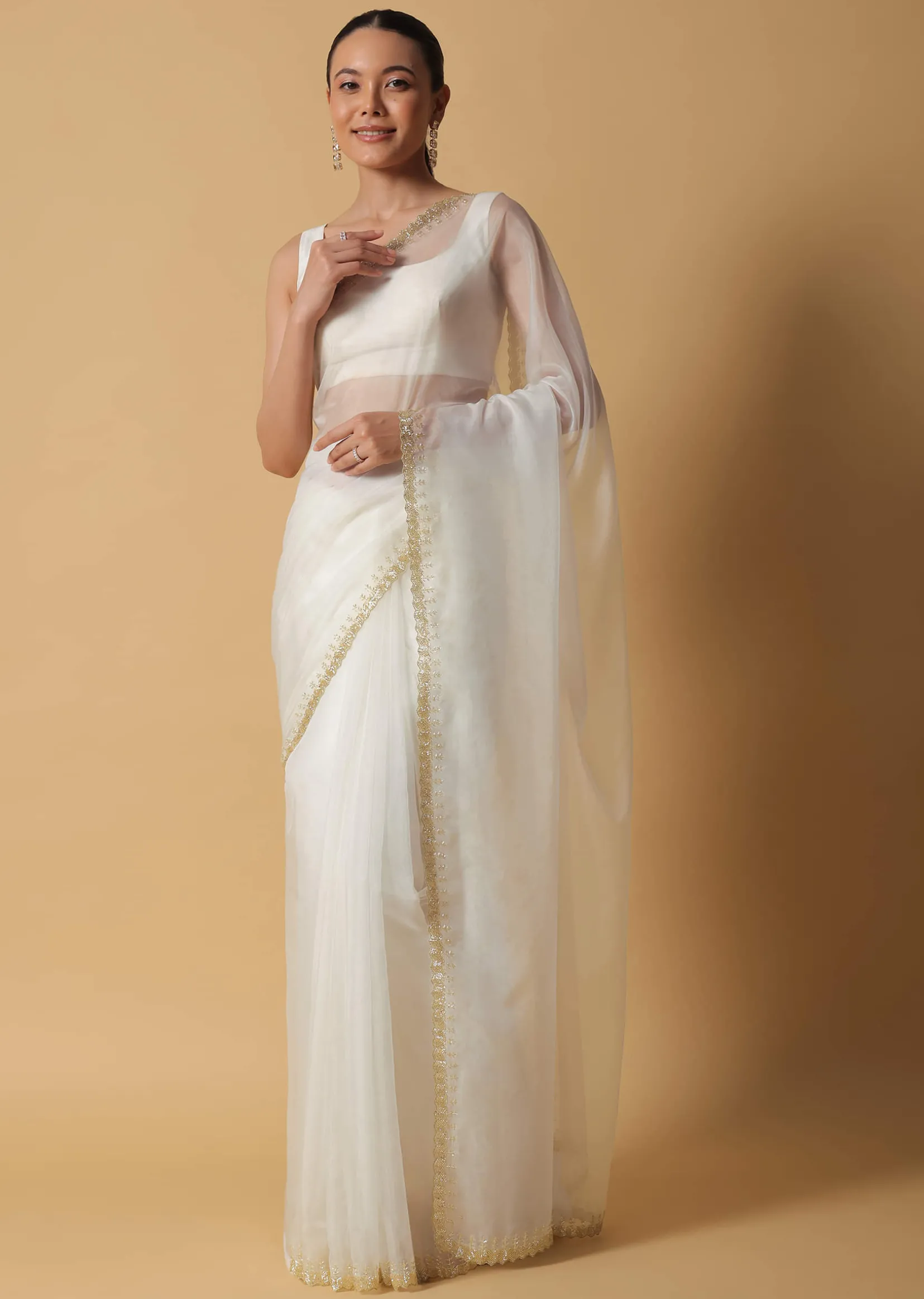 Daisy White Organza Saree In With Cut Dana Embroidered Borders
