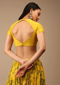 Dandelion Yellow Blouse In Raw Silk With Cap Sleeves And Keyhole Neckline