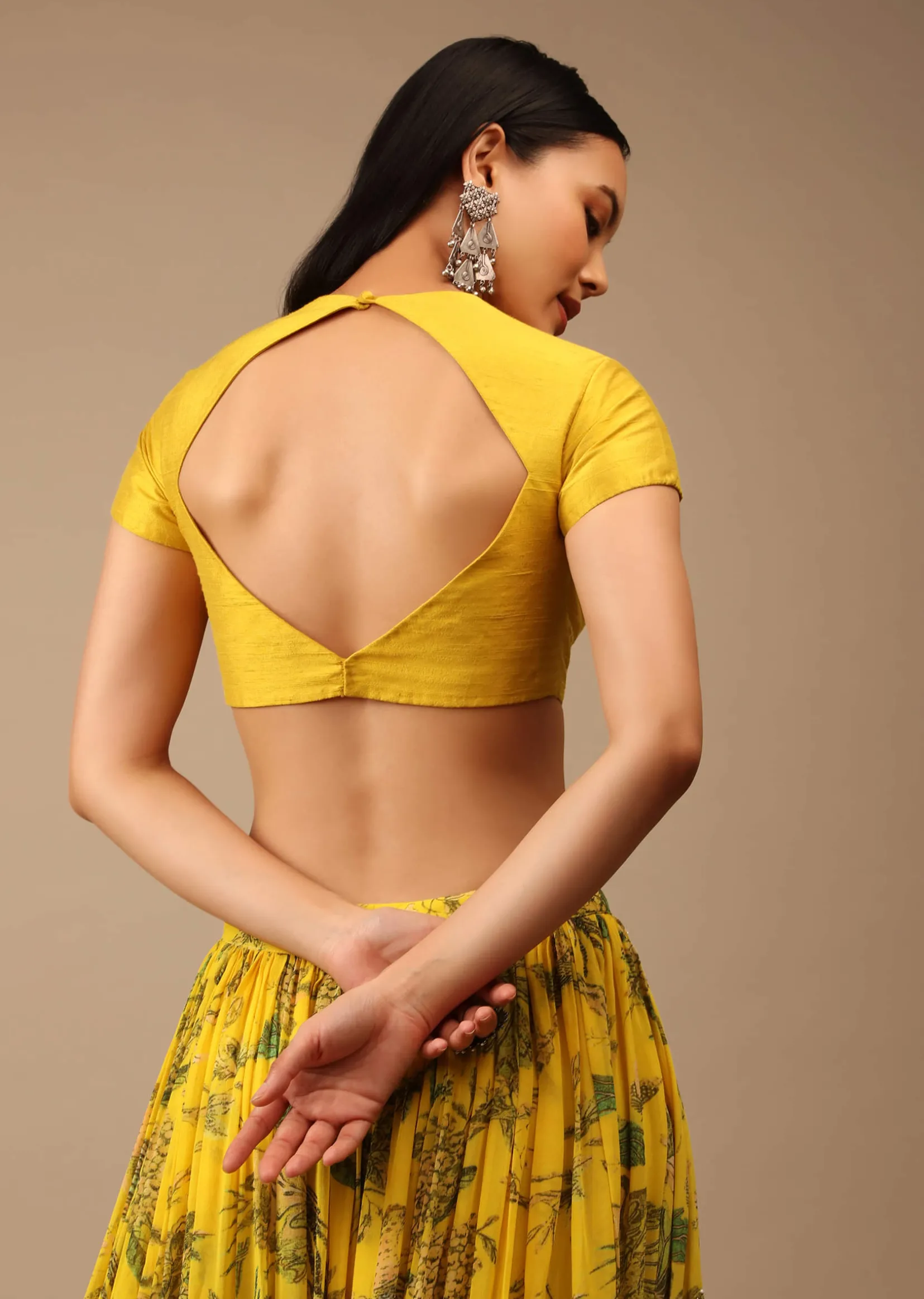 Dandelion Yellow Blouse In Raw Silk With Cap Sleeves And Keyhole Neckline