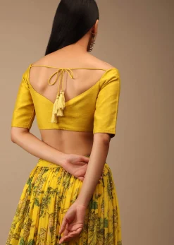 Dandelion Yellow Blouse In Raw Silk With Off Shoulder Half Sleeves And Sweetheart Neckline