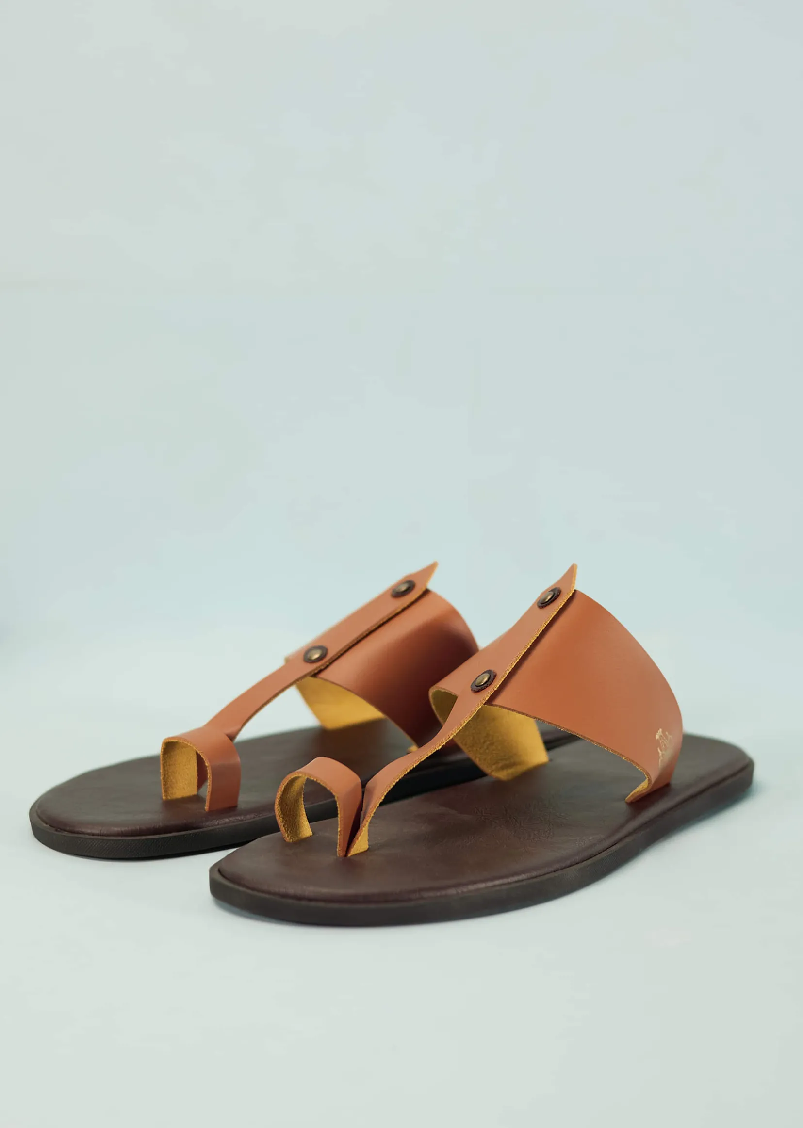 Dark And Tan Brown Strappy Slides For Men In Leather With Buttons