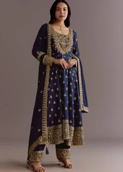 Dark Blue Chinon Zari Embroidered Anarkali Suit With Dupatta