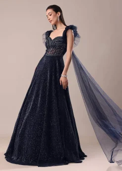 Dark Blue Embroidered Gown With Wings