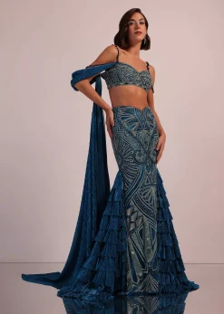 Dark Blue Fish Cut Bridal Lehenga Set In Net With Attached Cape