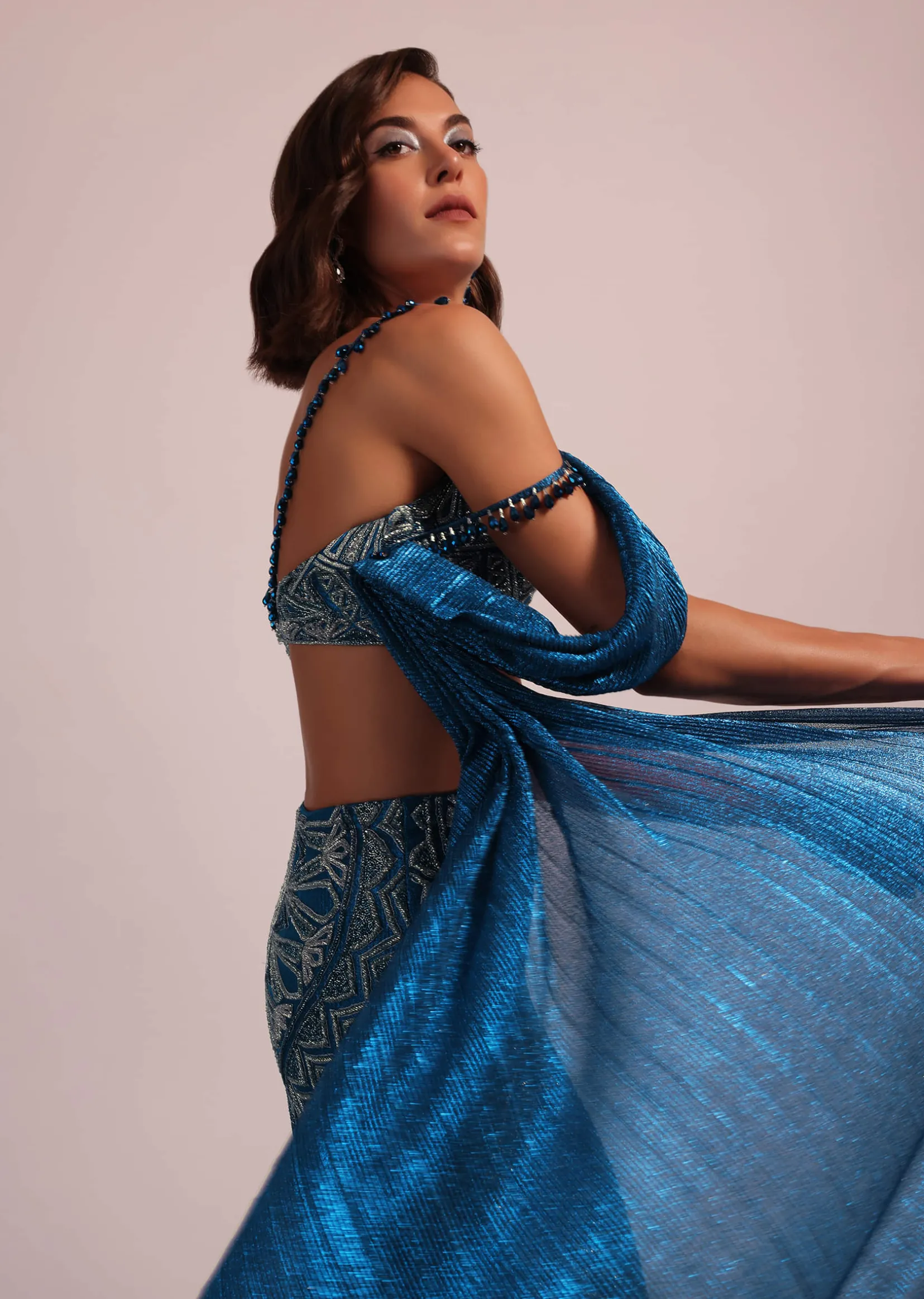 Dark Blue Fish Cut Bridal Lehenga Set In Net With Attached Cape