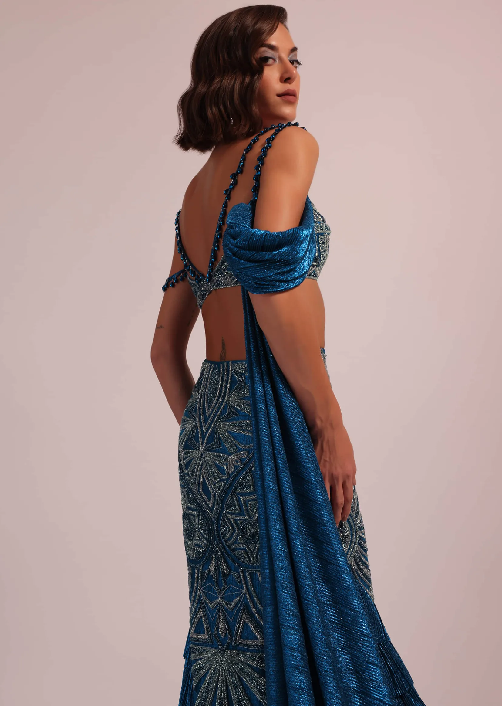 Dark Blue Fish Cut Bridal Lehenga Set In Net With Attached Cape