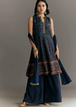 Dark Blue Silk Printed Kurta Palazzo With Gotta Lace Dupatta