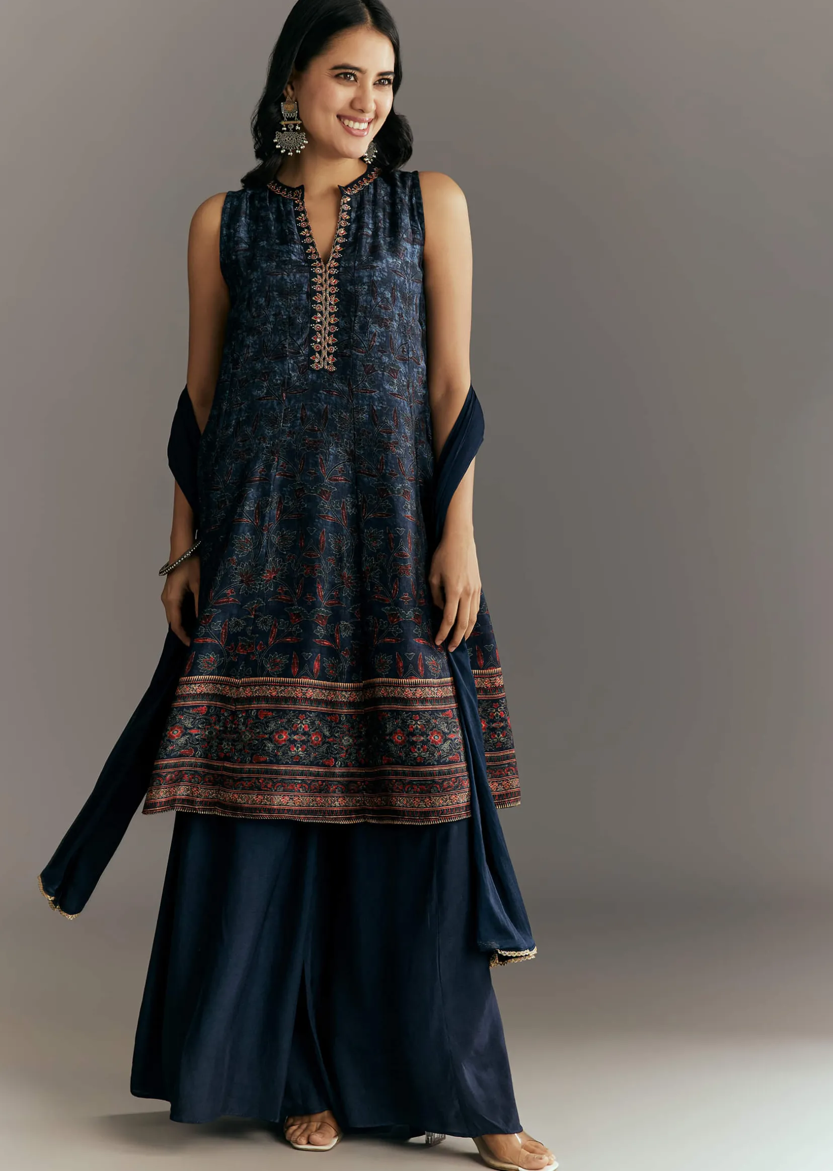 Dark Blue Silk Printed Kurta Palazzo With Gotta Lace Dupatta