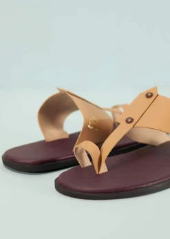 Dark Brown And Beige White Strappy Slides For Men In Leather With Buttons