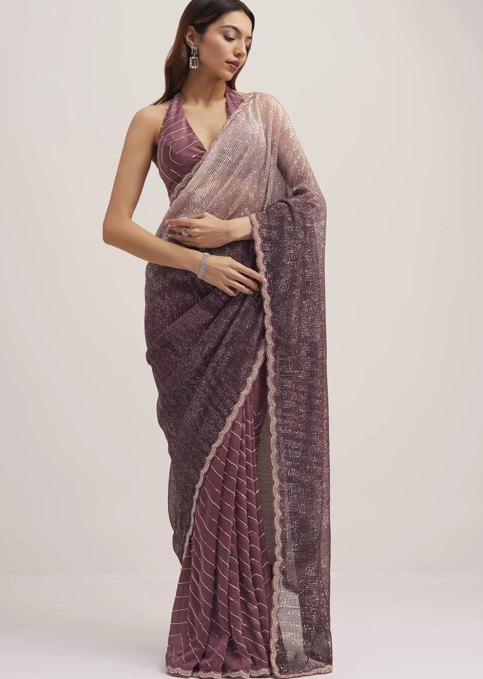 Dark Brown Dual Shaded Sequins Saree With Scalloped Border