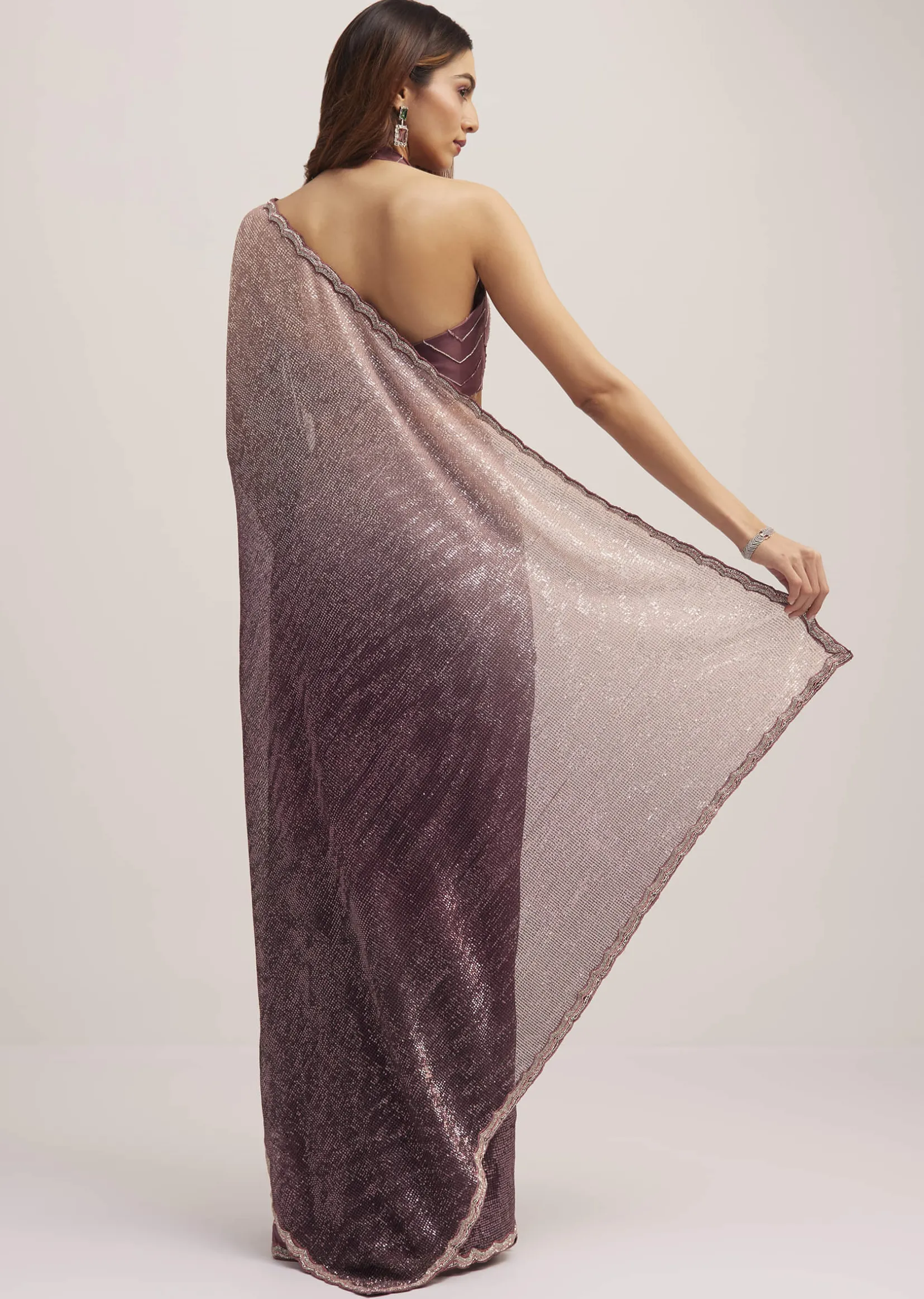 Dark Brown Dual Shaded Sequins Saree With Scalloped Border