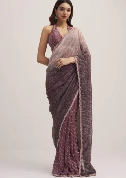 Dark Brown Dual Shaded Sequins Saree With Scalloped Border