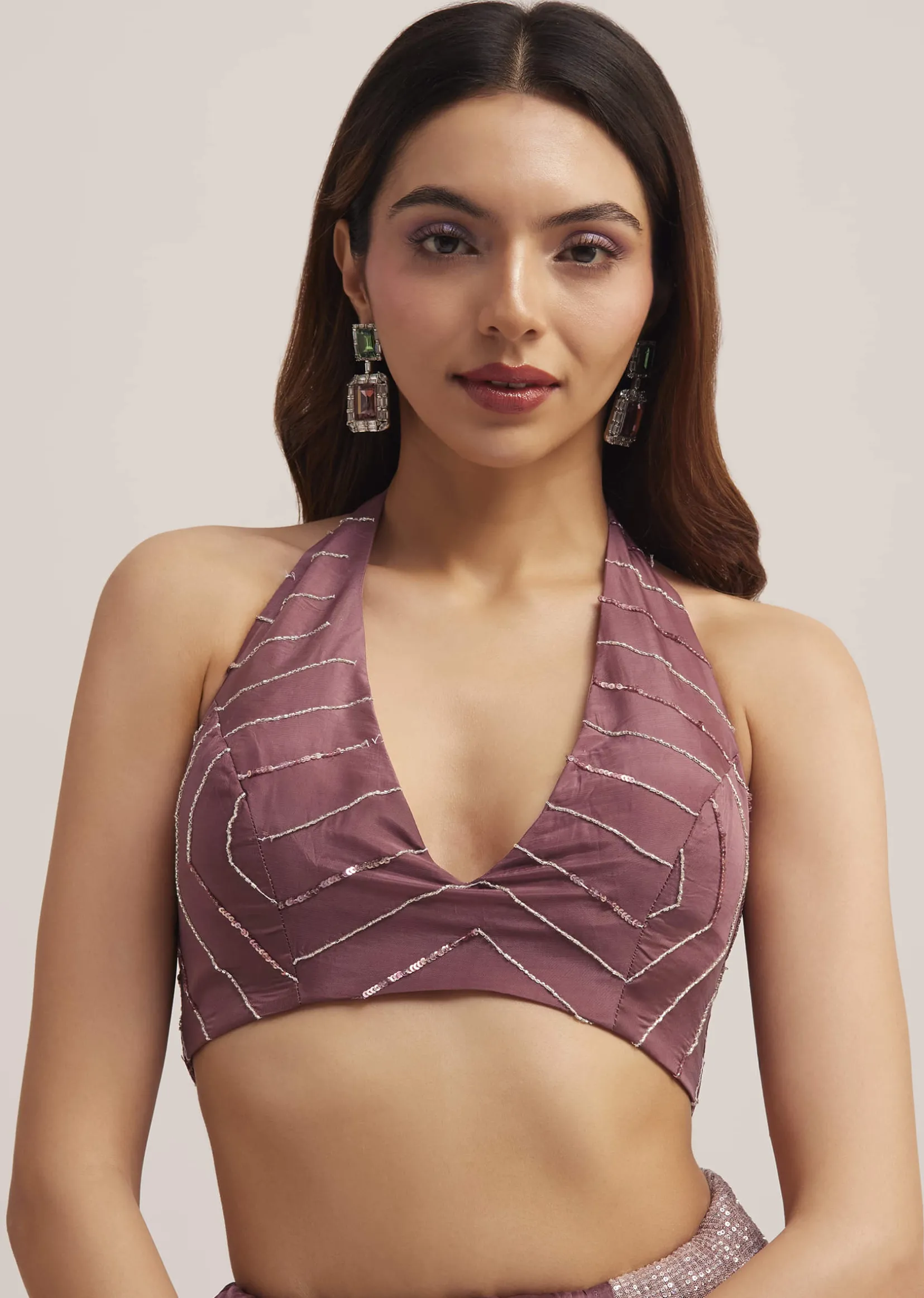 Dark Brown Dual Shaded Sequins Saree With Scalloped Border