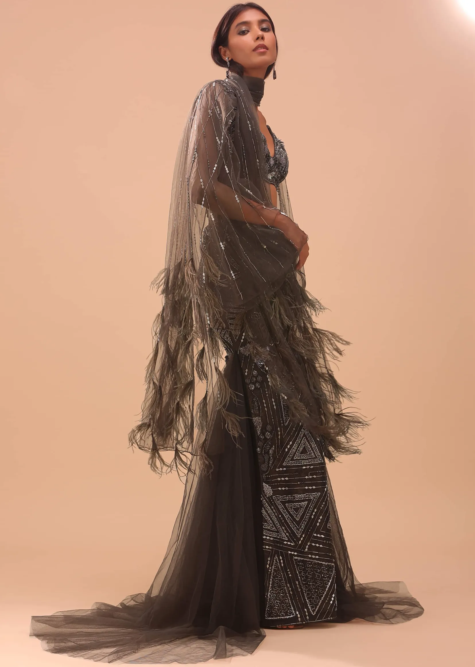 Dark Brown Embroidered Lehenga With Fish Cut And Net Feather Scarf