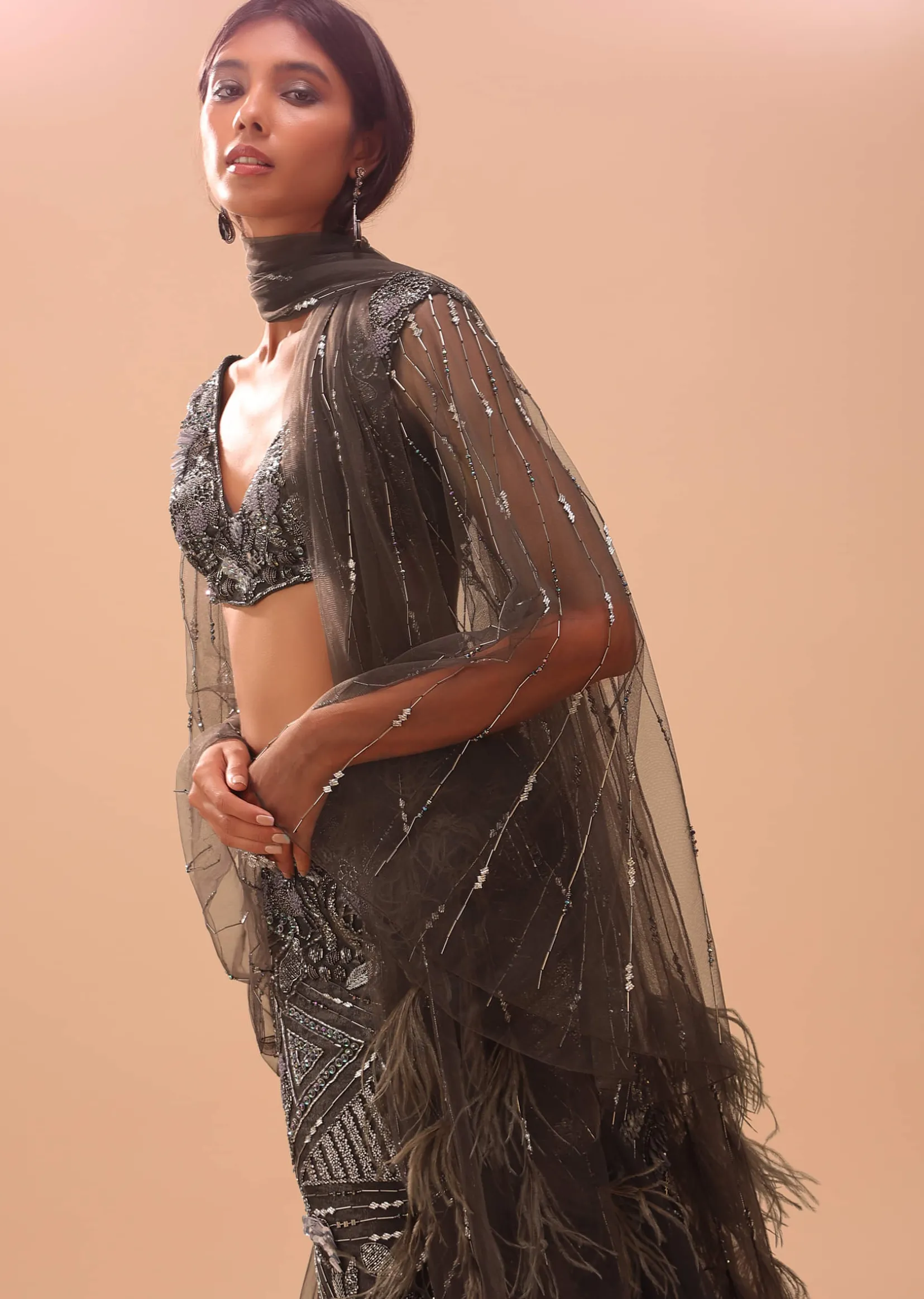 Dark Brown Embroidered Lehenga With Fish Cut And Net Feather Scarf