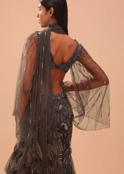Dark Brown Embroidered Lehenga With Fish Cut And Net Feather Scarf