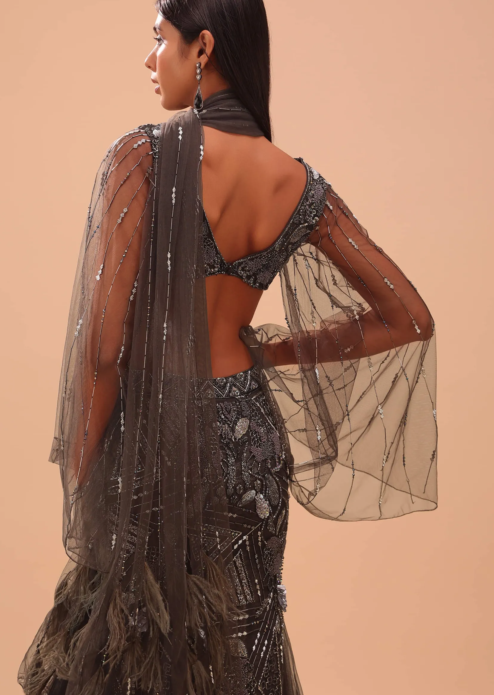 Dark Brown Embroidered Lehenga With Fish Cut And Net Feather Scarf