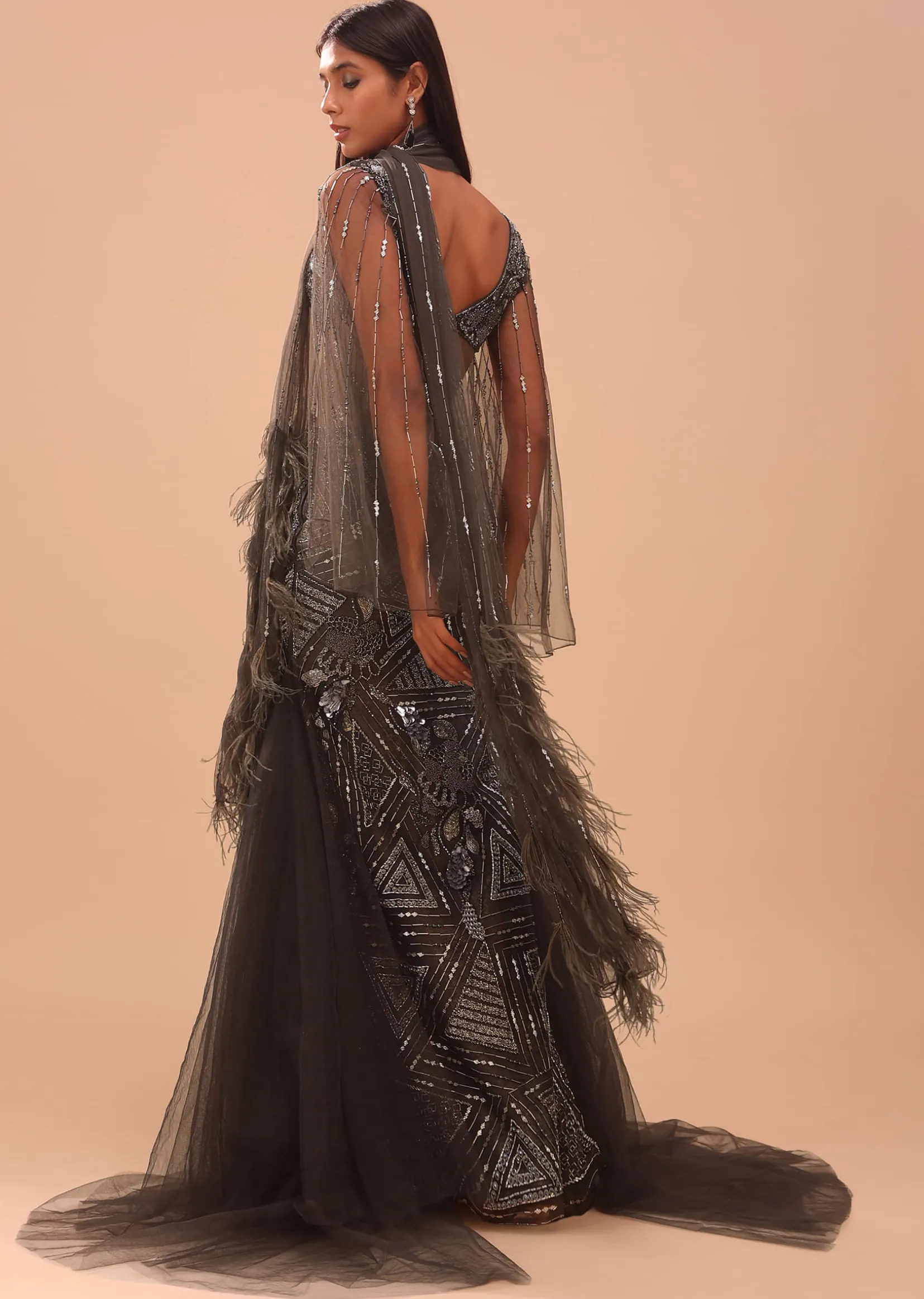 Dark Brown Embroidered Lehenga With Fish Cut And Net Feather Scarf