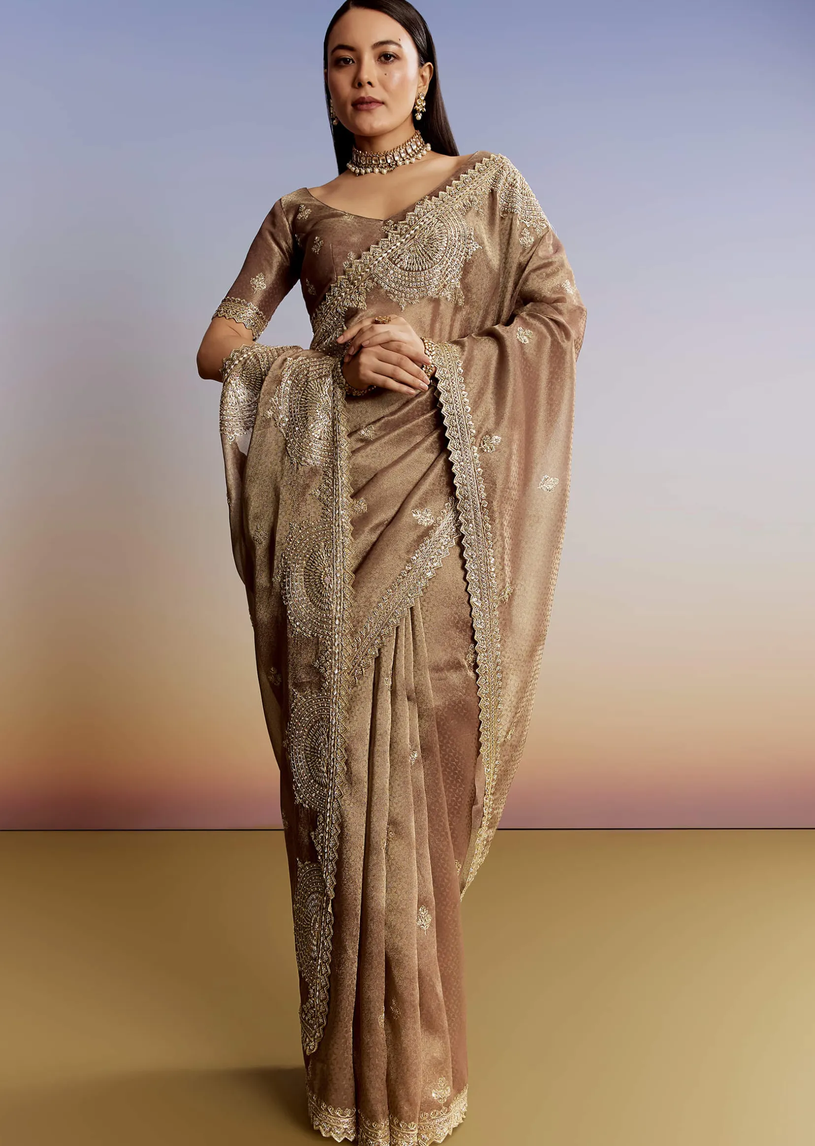 Dark Brown Jacquard Tissue Saree With Zigzag Zardosi Border