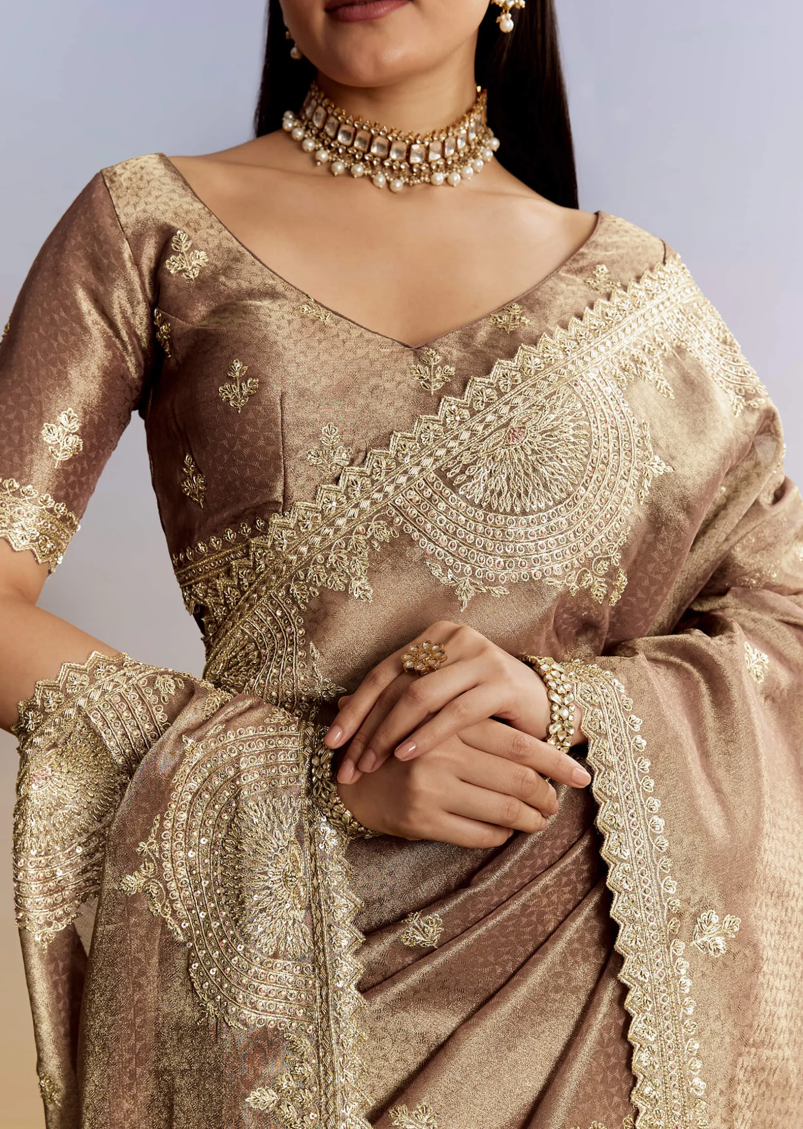 Dark Brown Jacquard Tissue Saree With Zigzag Zardosi Border