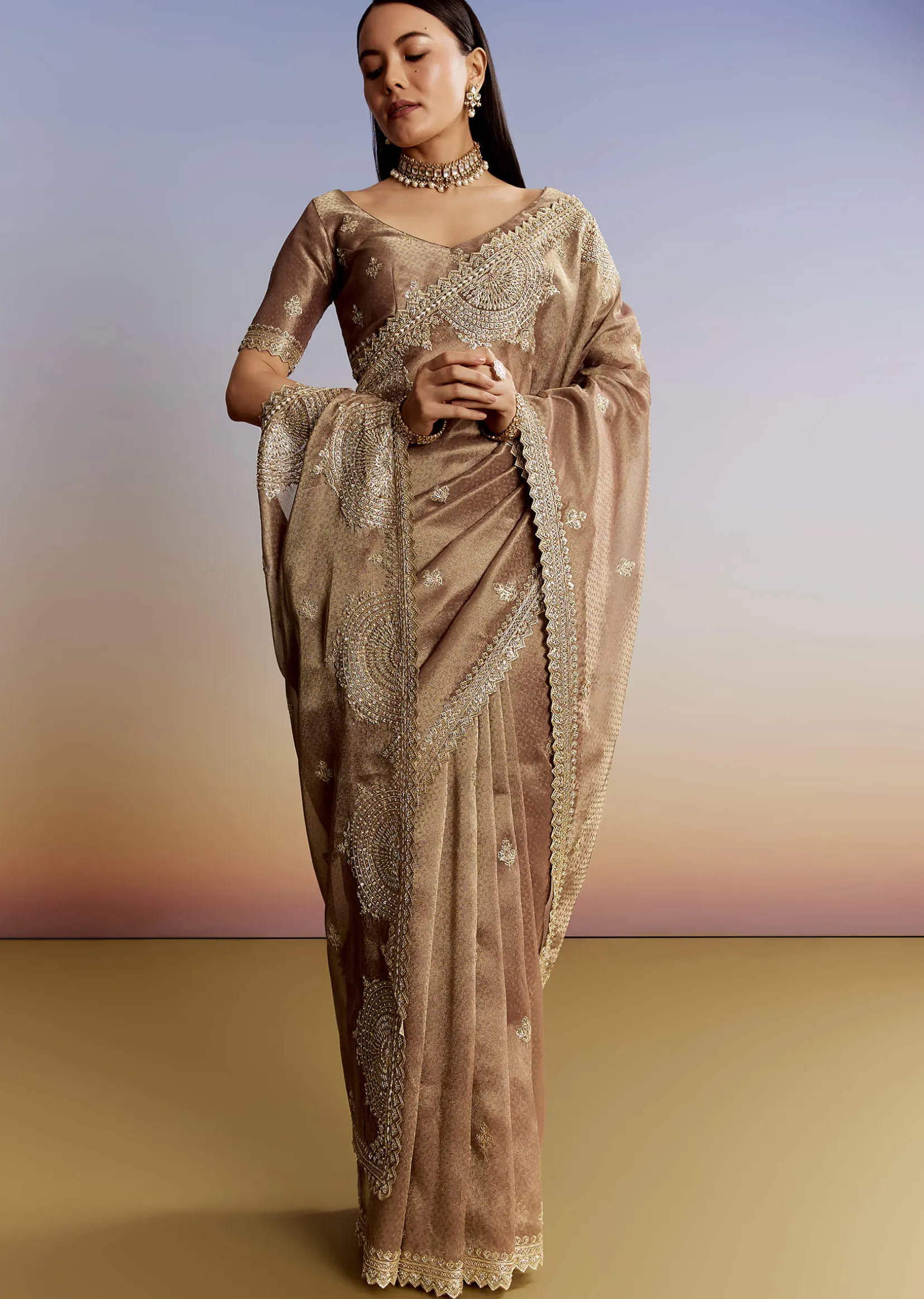 Dark Brown Jacquard Tissue Saree With Zigzag Zardosi Border