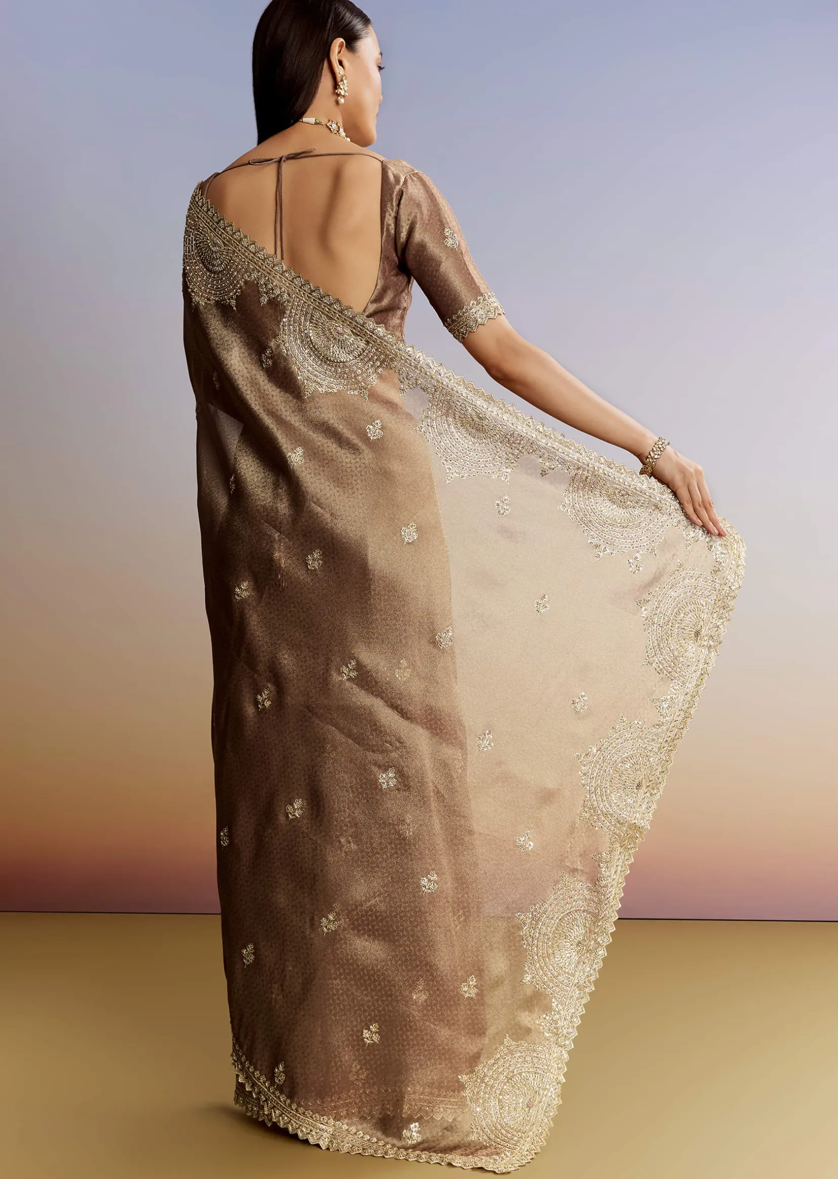 Dark Brown Jacquard Tissue Saree With Zigzag Zardosi Border