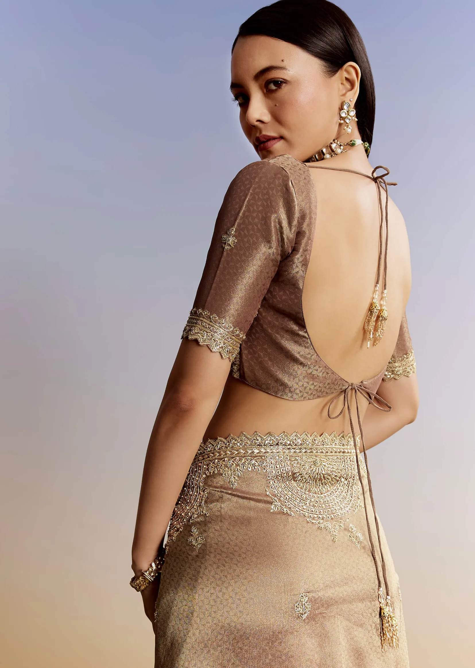Dark Brown Jacquard Tissue Saree With Zigzag Zardosi Border