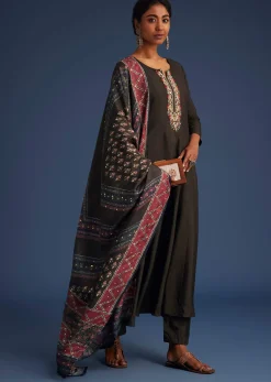 Dark Brown Silk Anarkali Set With Ajrakh Print Dupatta