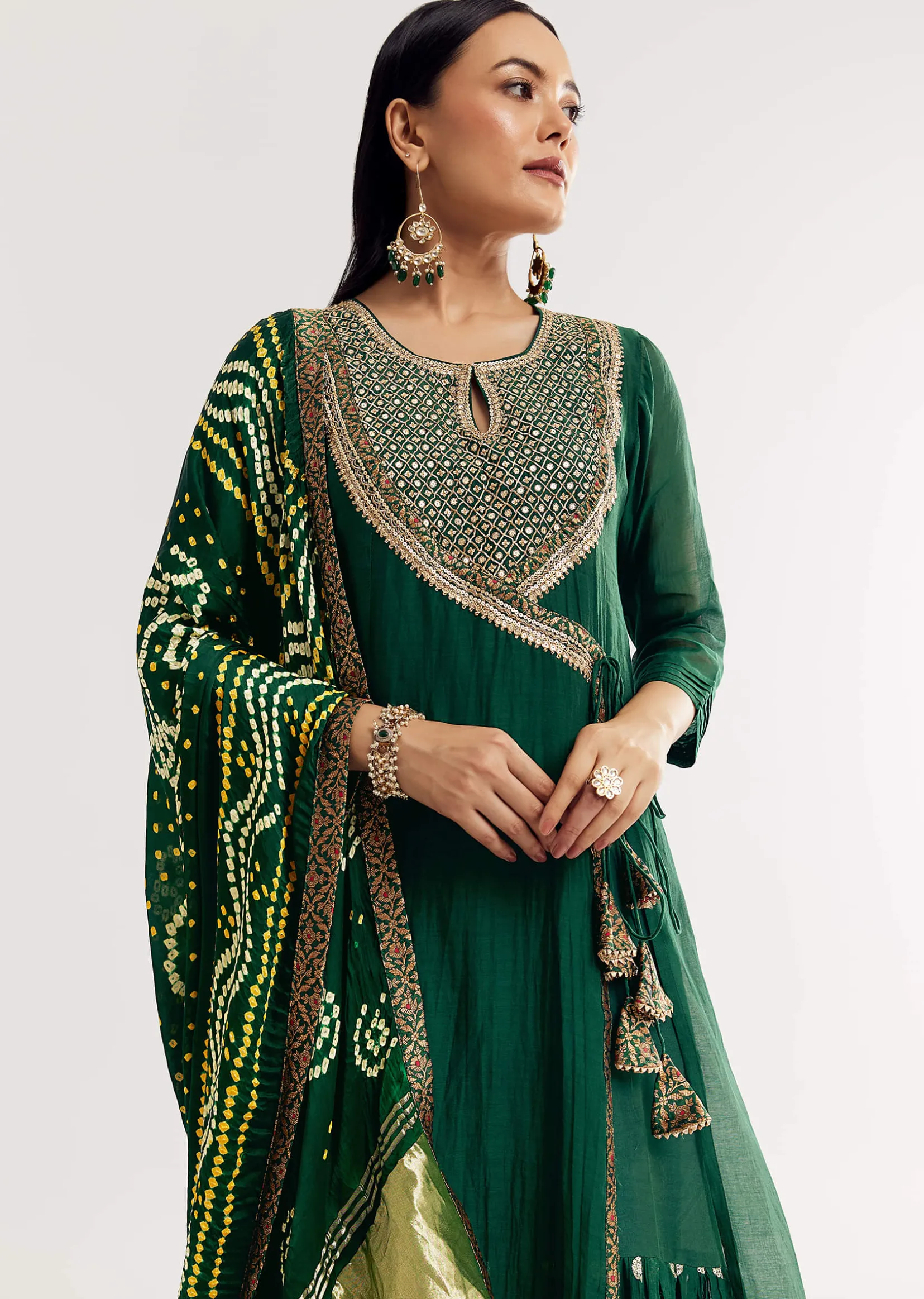 Dark Green Angrakha Kurta Set With Bandhani Dupatta