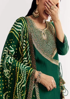 Dark Green Angrakha Kurta Set With Bandhani Dupatta