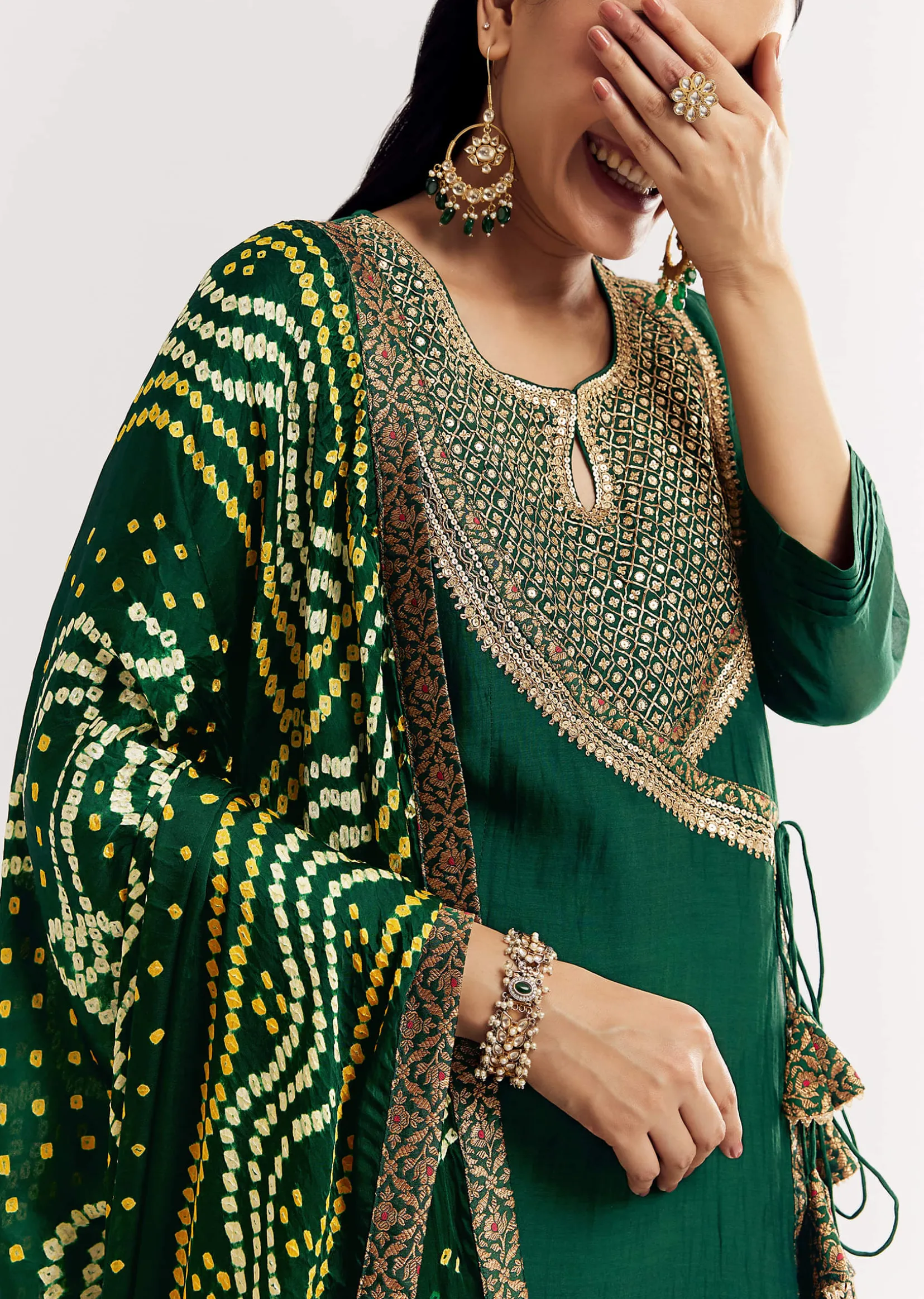 Dark Green Angrakha Kurta Set With Bandhani Dupatta
