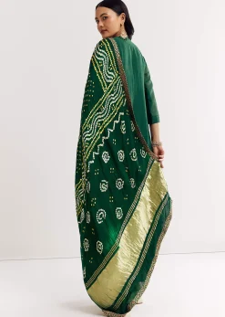 Dark Green Angrakha Kurta Set With Bandhani Dupatta