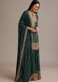 Dark Green Bandhani Kurta Set With Shell Tassel Detailing