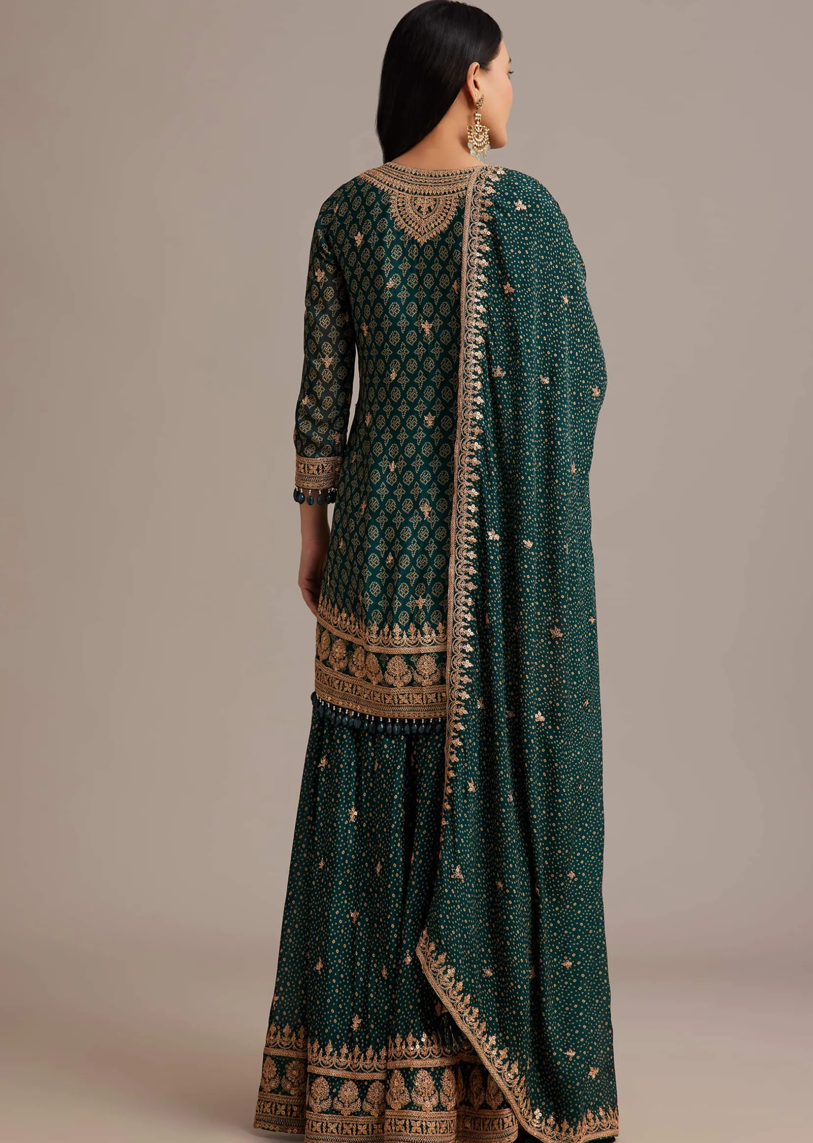 Dark Green Bandhani Kurta Set With Shell Tassel Detailing