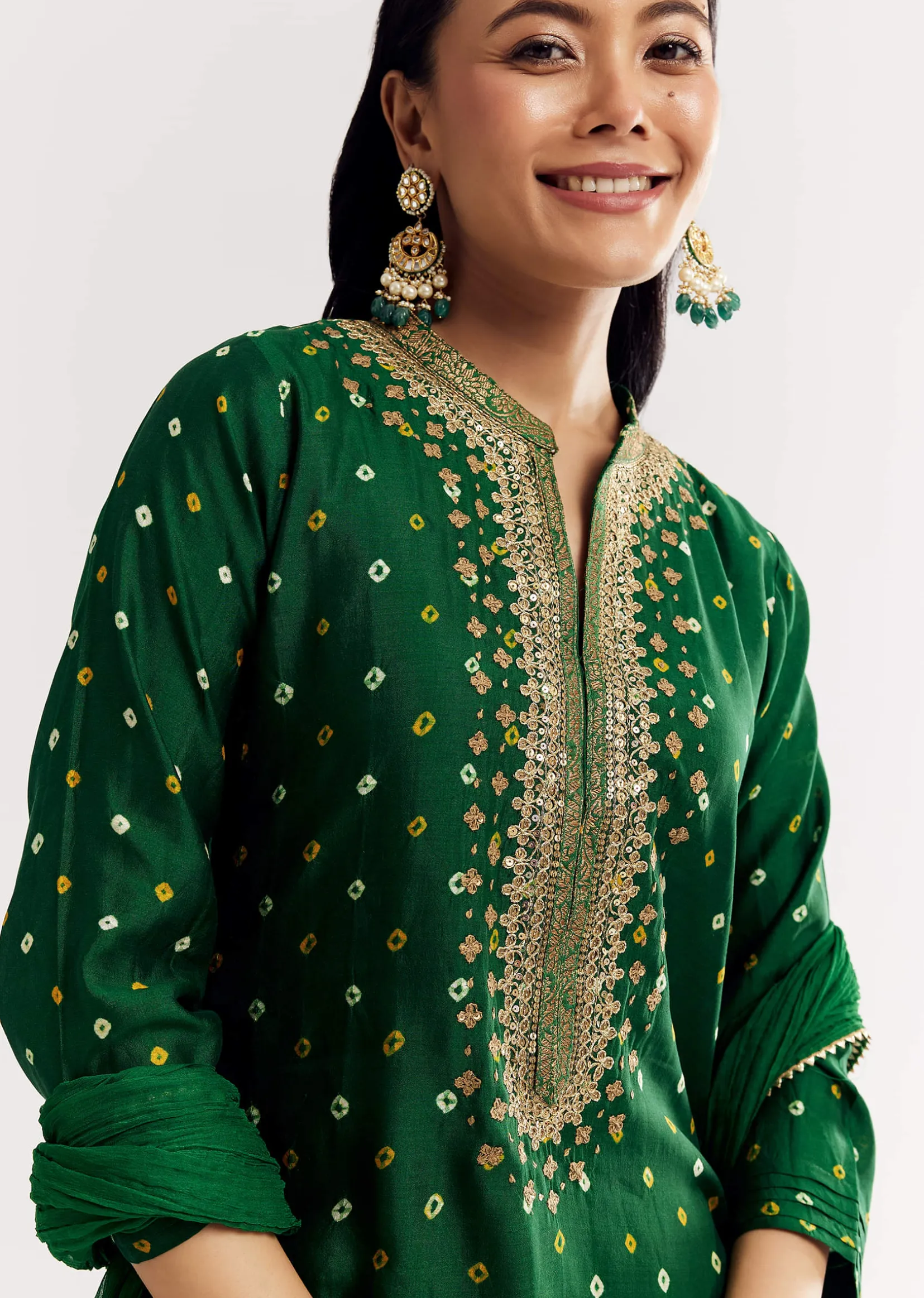 Dark Green Bandhani Kurta Set With Dupatta