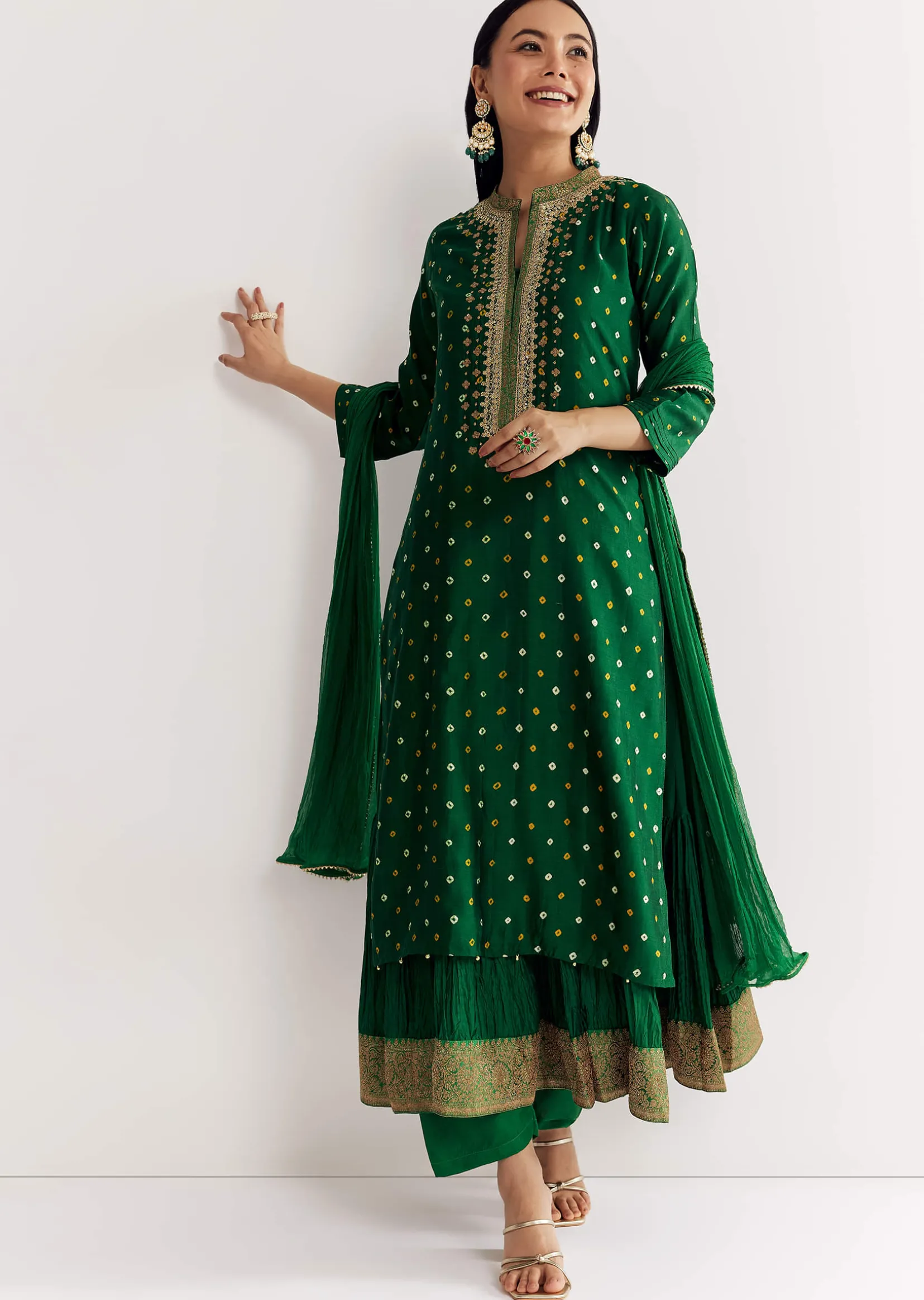 Dark Green Bandhani Kurta Set With Dupatta