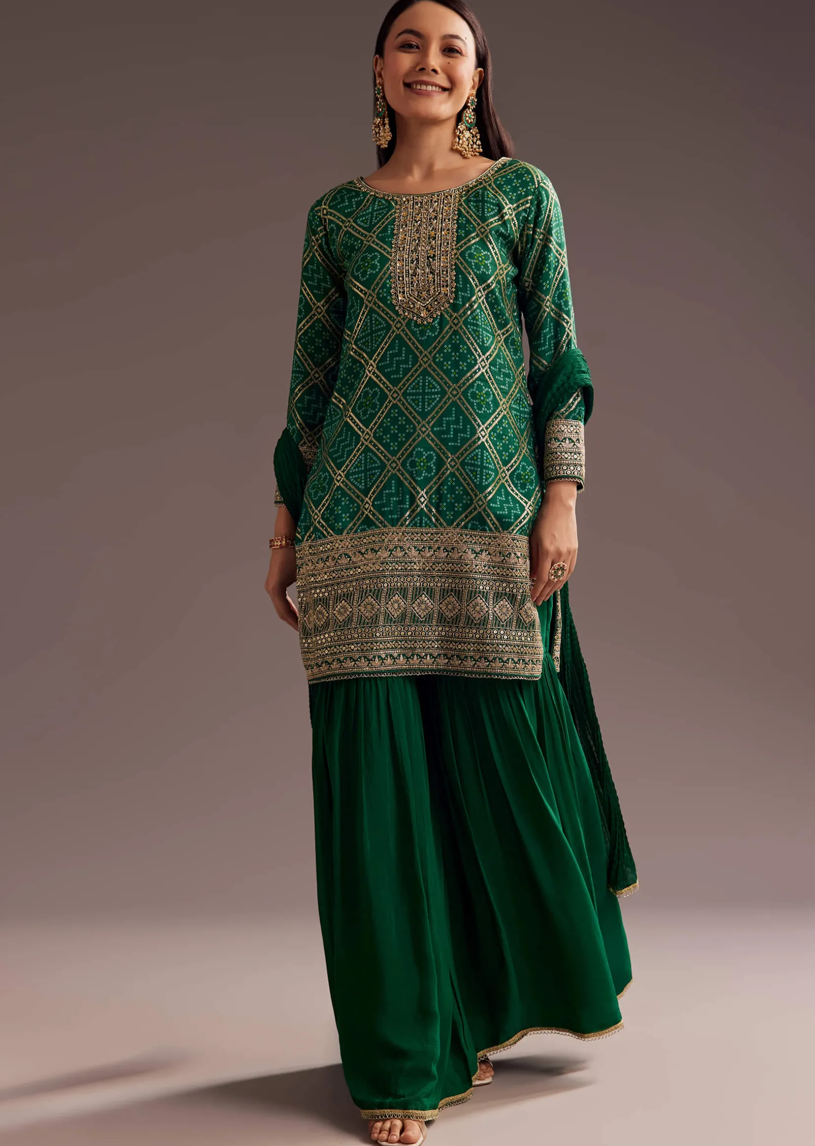 Dark Green Bandhani Zardosi Kurta Sharara Dupatta Set