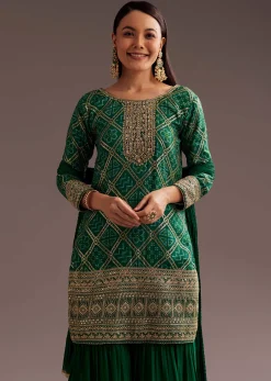 Dark Green Bandhani Zardosi Kurta Sharara Dupatta Set