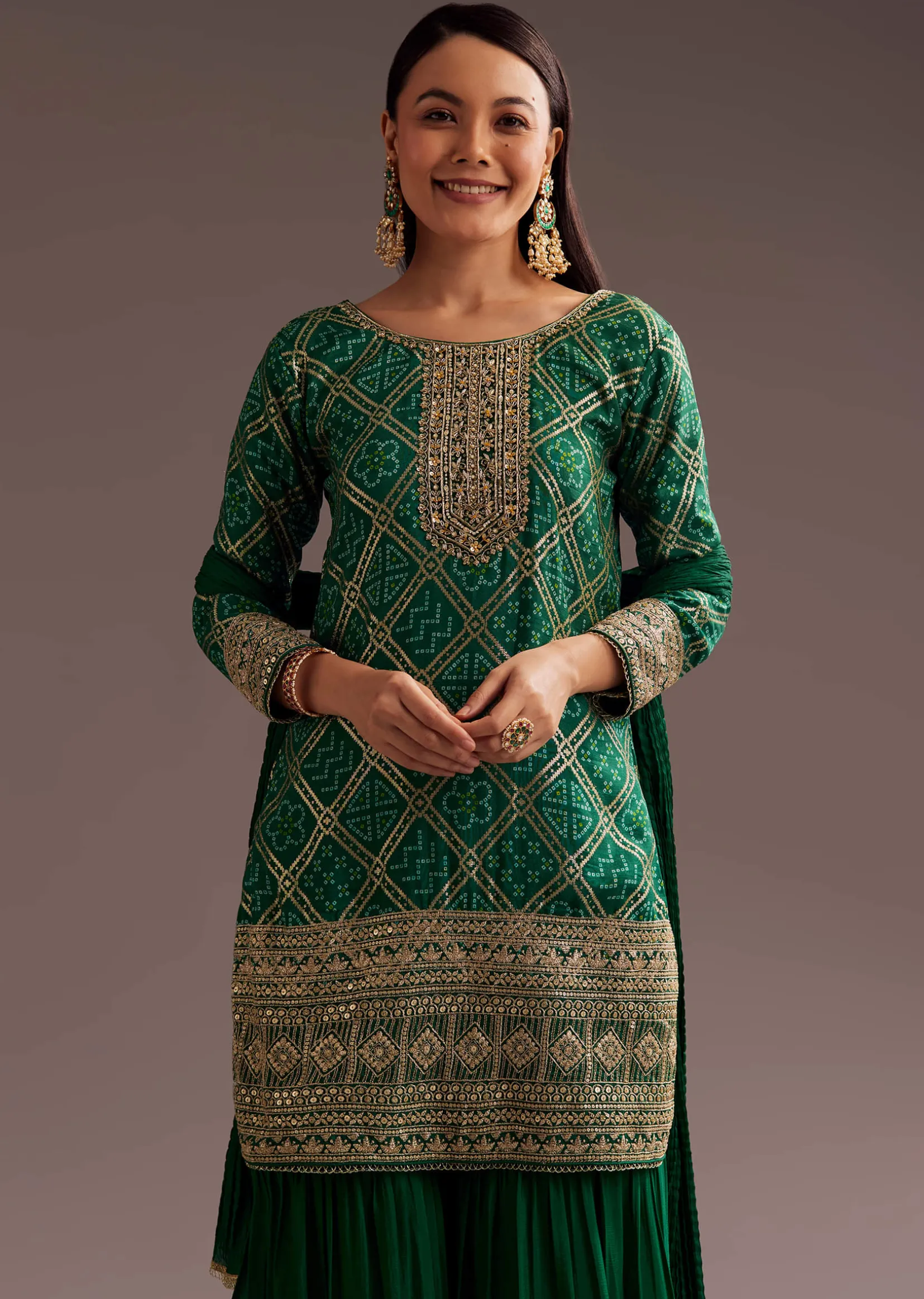 Dark Green Bandhani Zardosi Kurta Sharara Dupatta Set