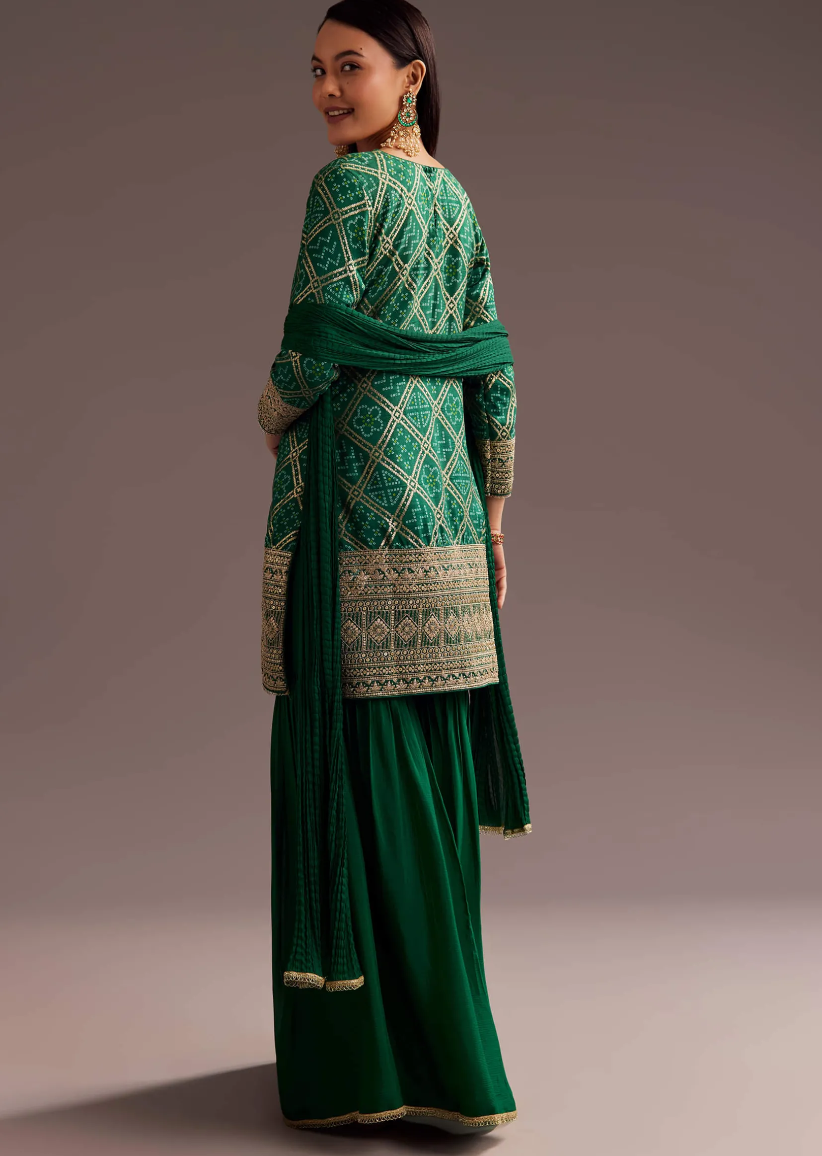 Dark Green Bandhani Zardosi Kurta Sharara Dupatta Set