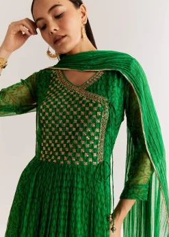 Dark Green Chiffon Angrakha Anarkali With Floral And Sequin Yoke